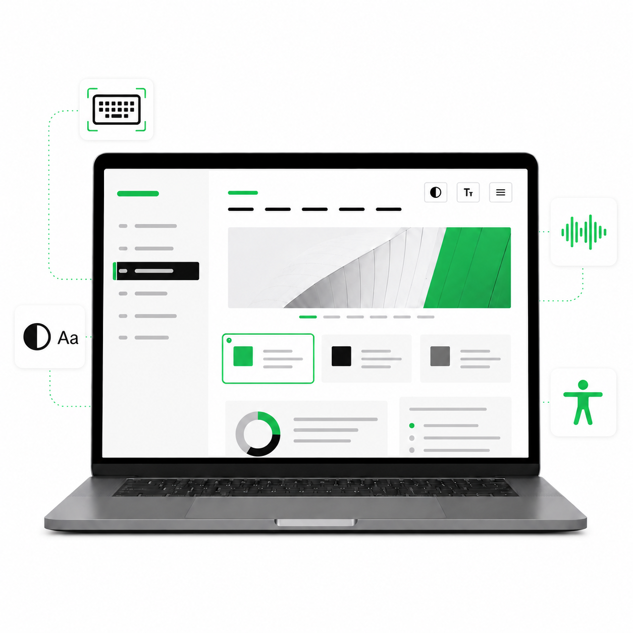 Interface web accessible avec options de contraste, taille de texte, navigation clavier et lecteur d'écran